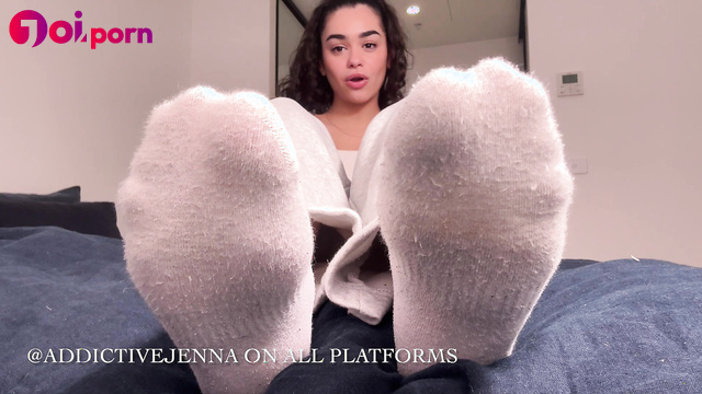 Cute brunette makes you worship her feet in dirty socks - AddictiveJenna