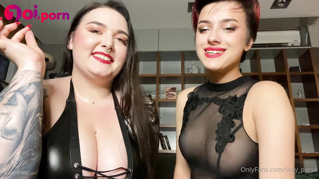 Mistresses lock you in a chastity cage and fuck you with a dildo - Lady Perse