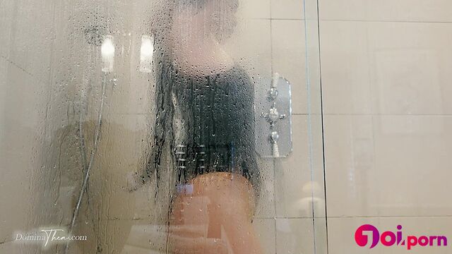 Warm latex nylon shower, close up bath tape - Thea X